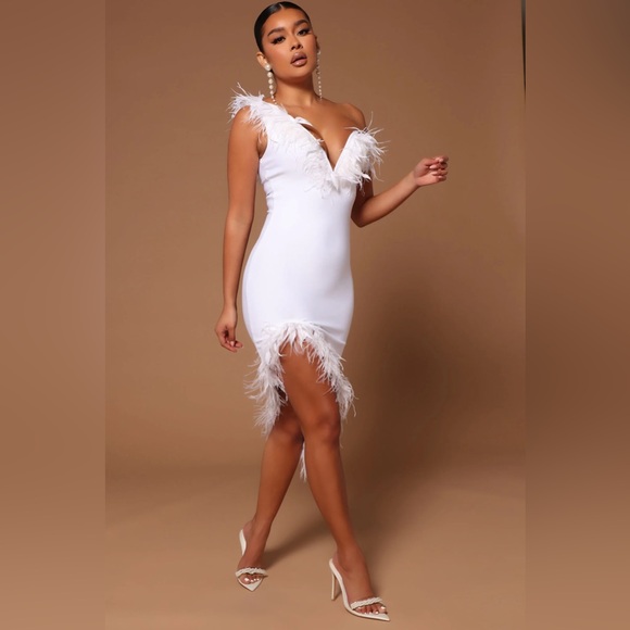 NWT FASHION NOVA LUXE White Alana One Shoulder Feather Midi Dress L - Picture 4 of 13
